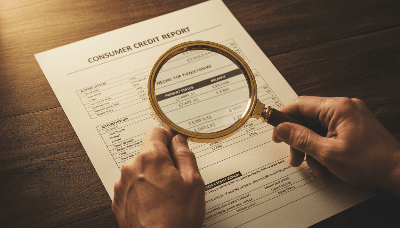 Analyzing credit report with magnifying glass