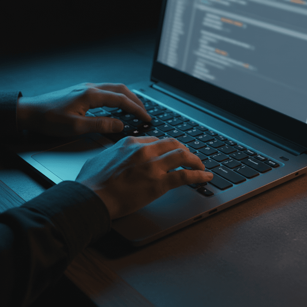 Hands typing on laptop keyboard in dimly lit workspace with dramatic blue and amber accent lighting