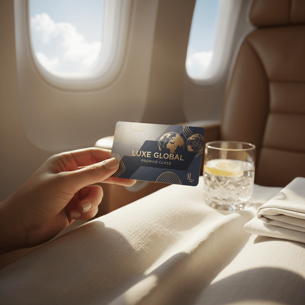 Traveler holding exclusive premium membership card in first-class airplane seat with window light creating elegant shadow